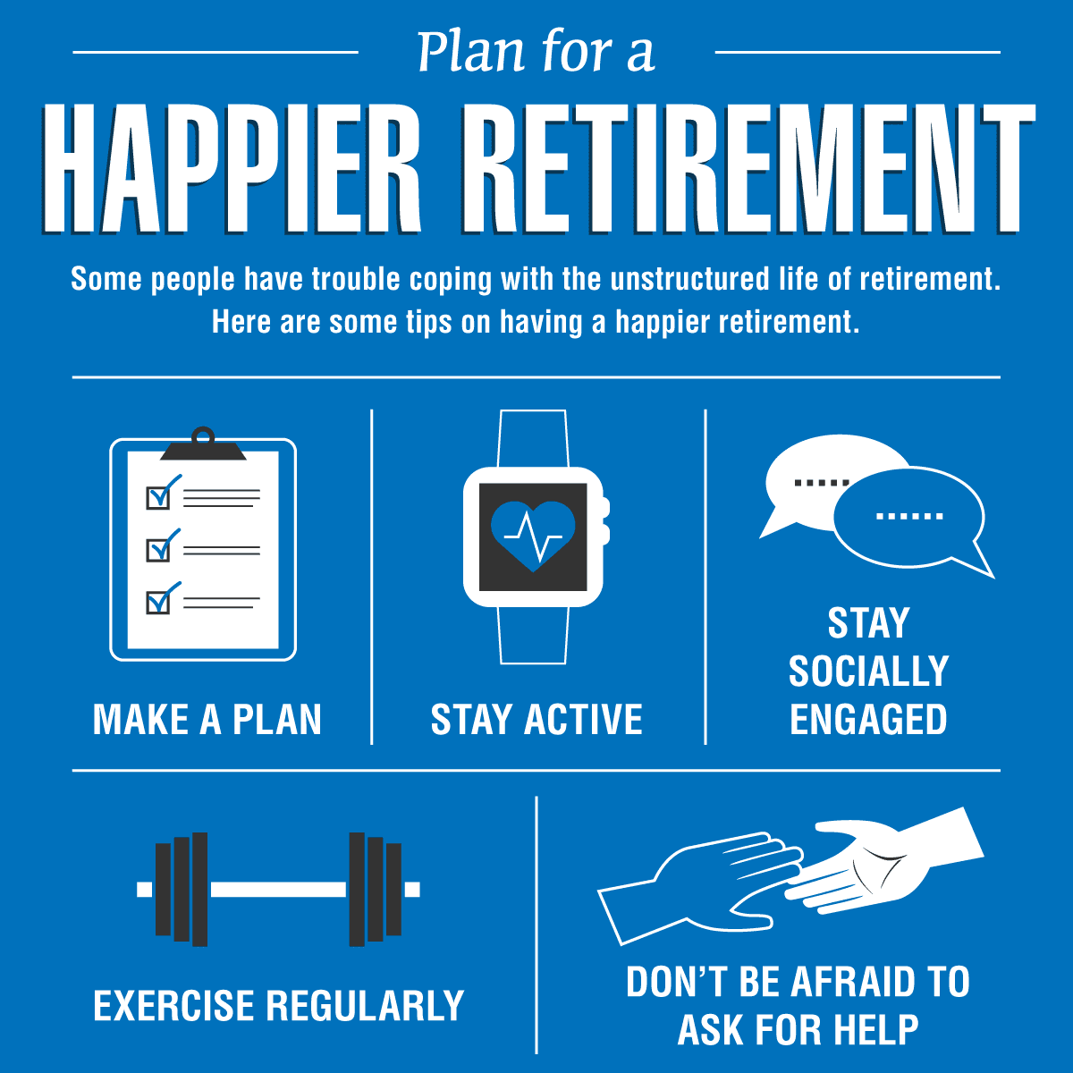 A blue and white poster with instructions for people to plan for retirement.